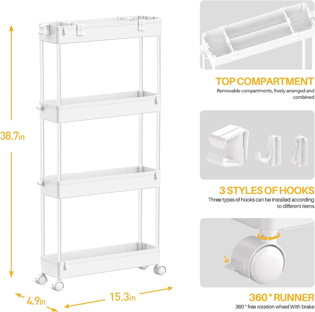 4 Tier Slim White Rolling Storage Cart
