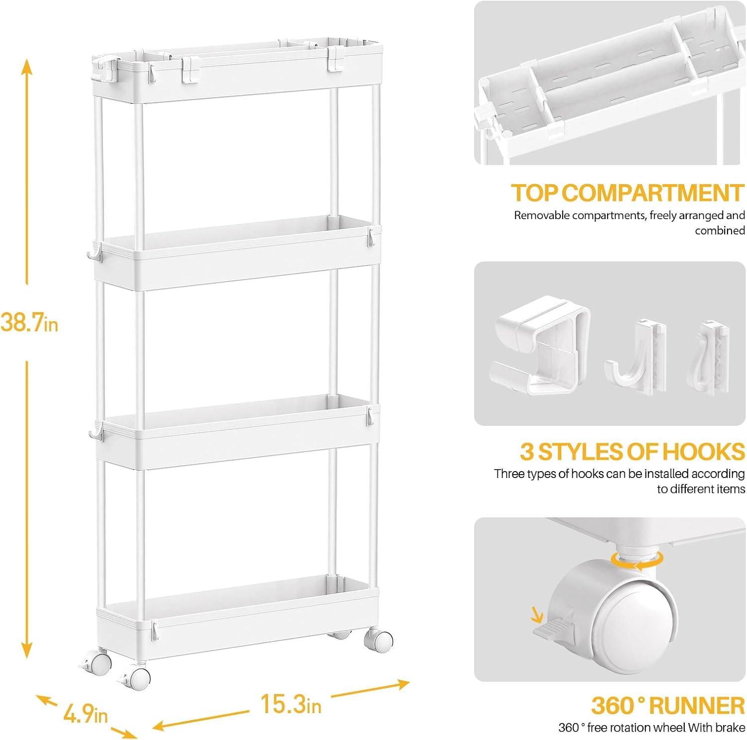 4 Tier Slim White Rolling Storage Cart