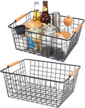 2 Pack Large Black Wire Baskets With Wood Handles