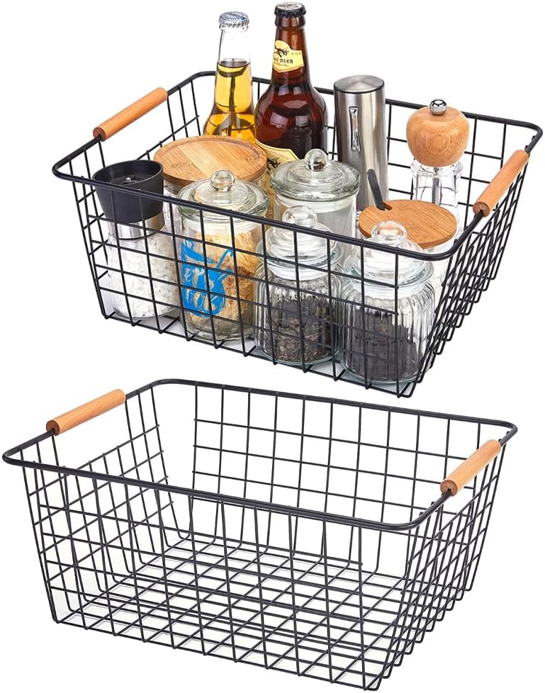 2 Pack Large Black Wire Baskets With Wood Handles