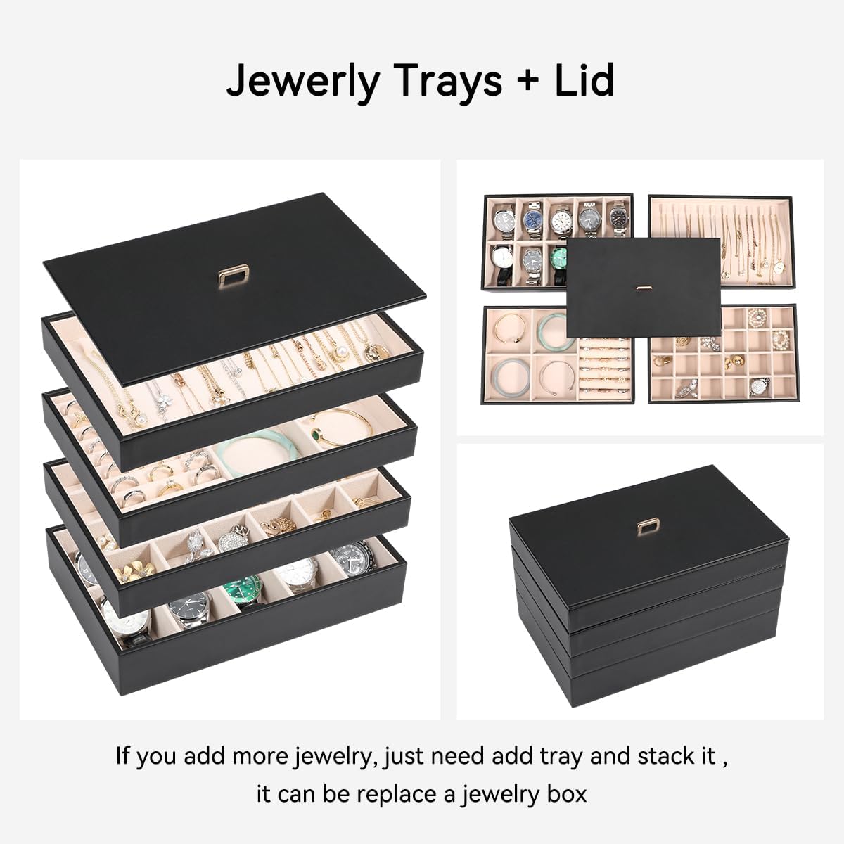 4 Pack Black PU Leather Jewelry Trays With Lid