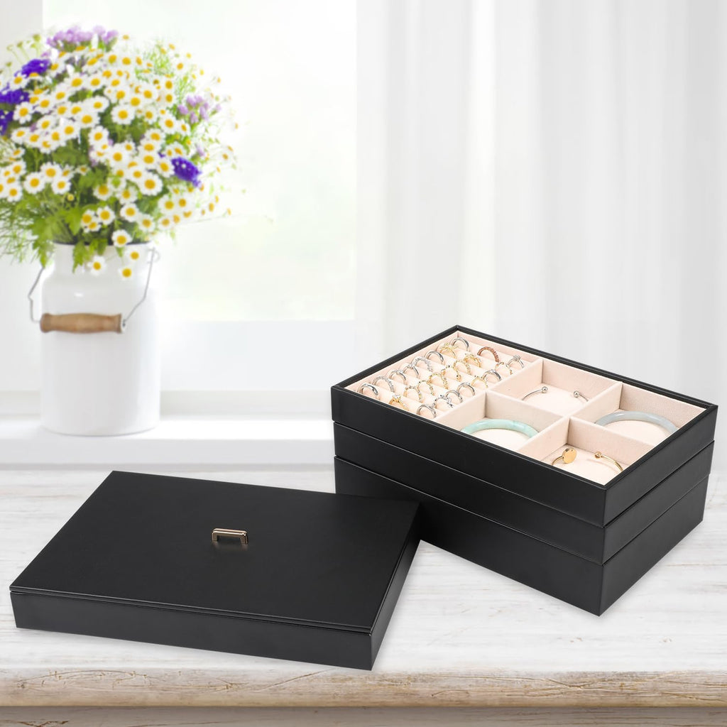 4 Pack Black PU Leather Jewelry Trays With Lid