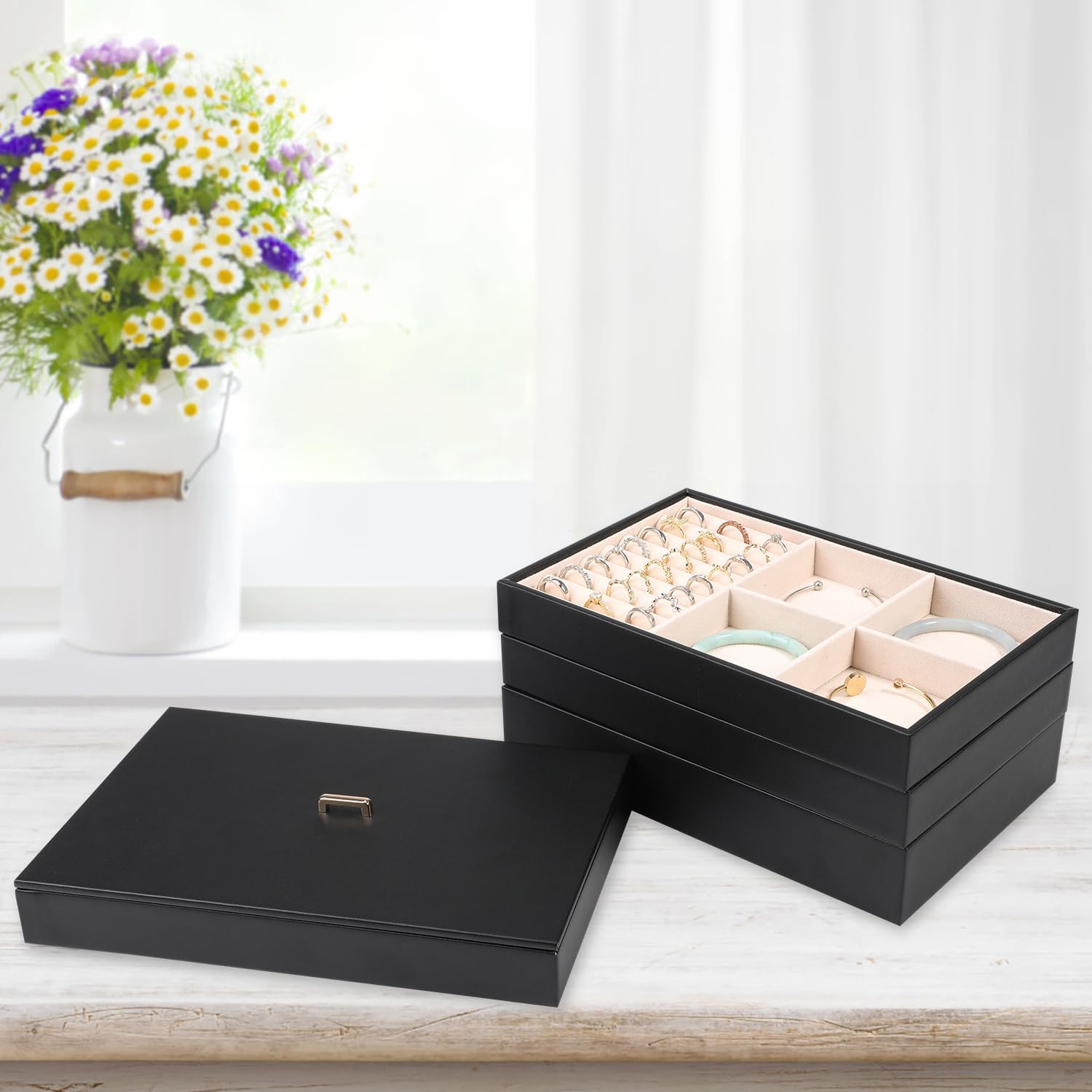 4 Pack Black PU Leather Jewelry Trays With Lid