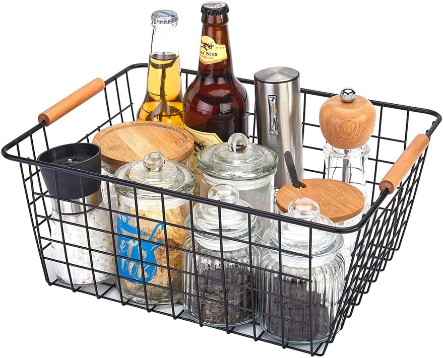 2 Pack Large Black Wire Baskets With Wood Handles