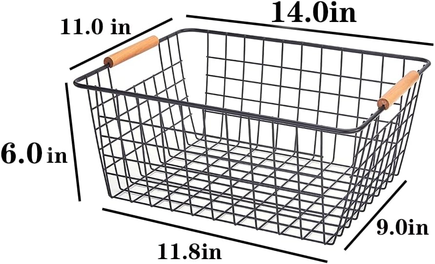 2 Pack Large Black Wire Baskets With Wood Handles