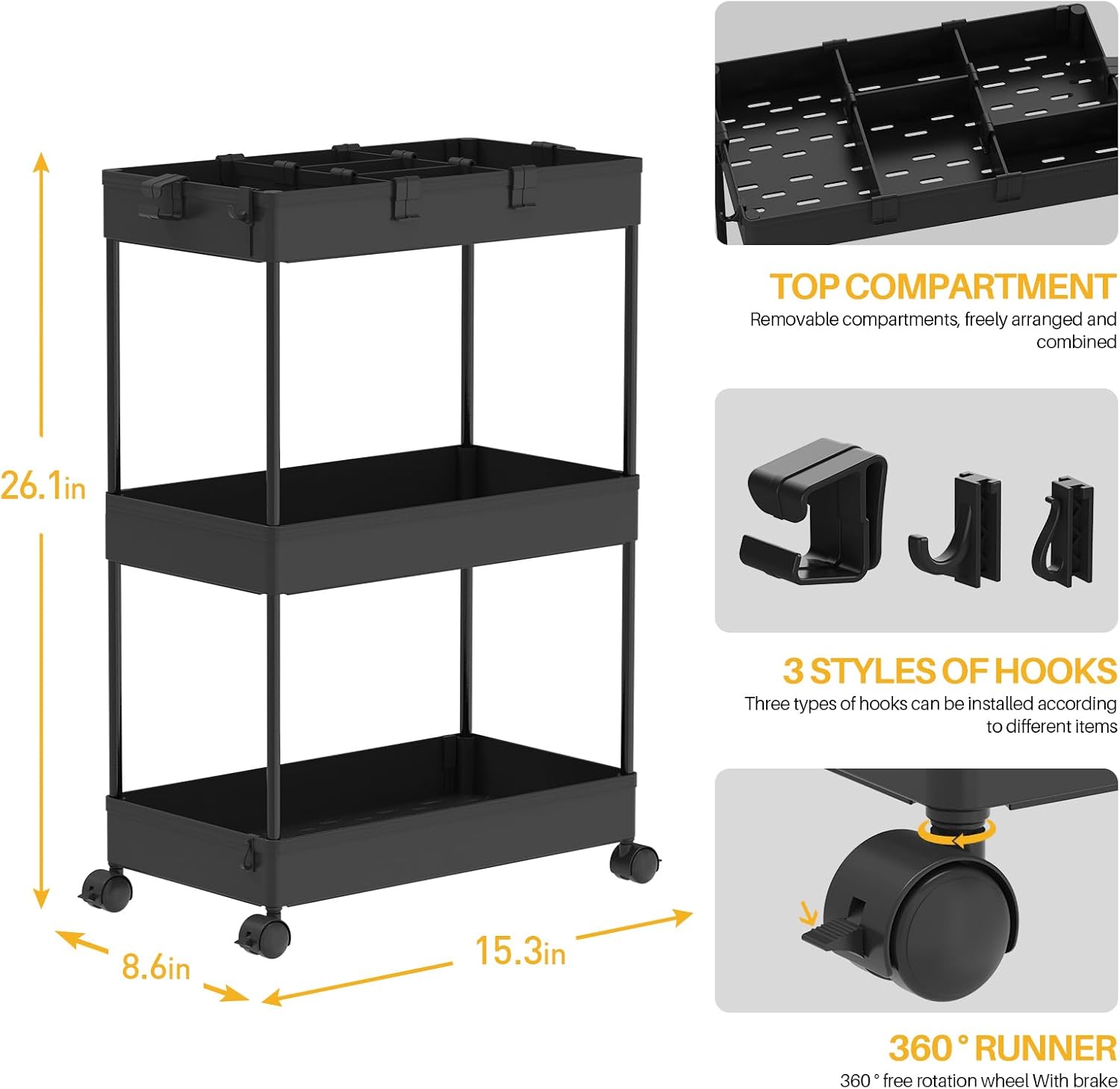 3 Tier Black Rolling Storage Cart