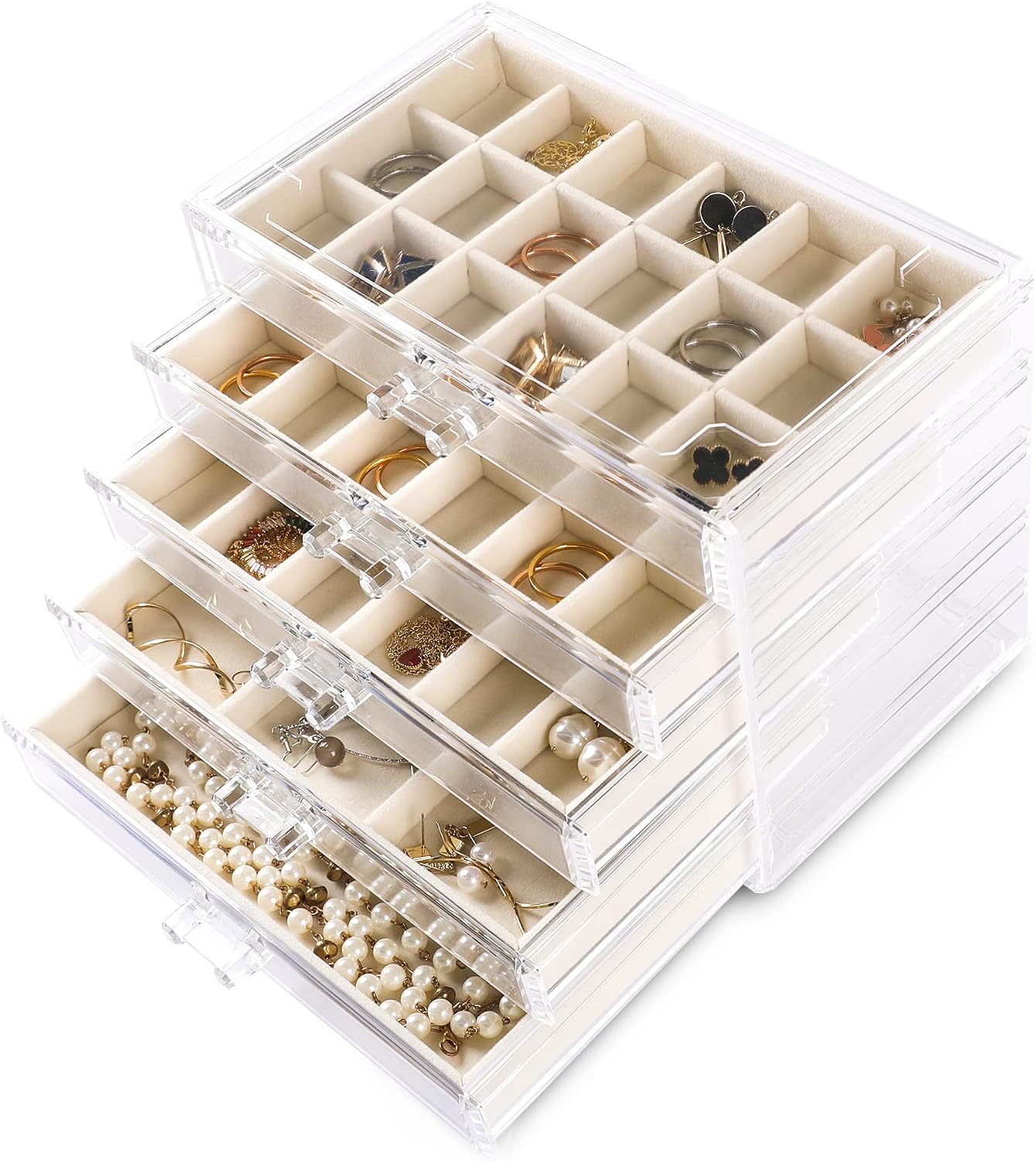 Clear Acrylic 5-Drawer Beige Jewelry Box