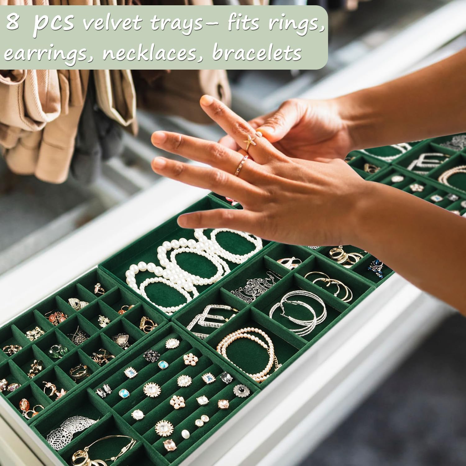 8 Pack Green Velvet Jewelry Trays