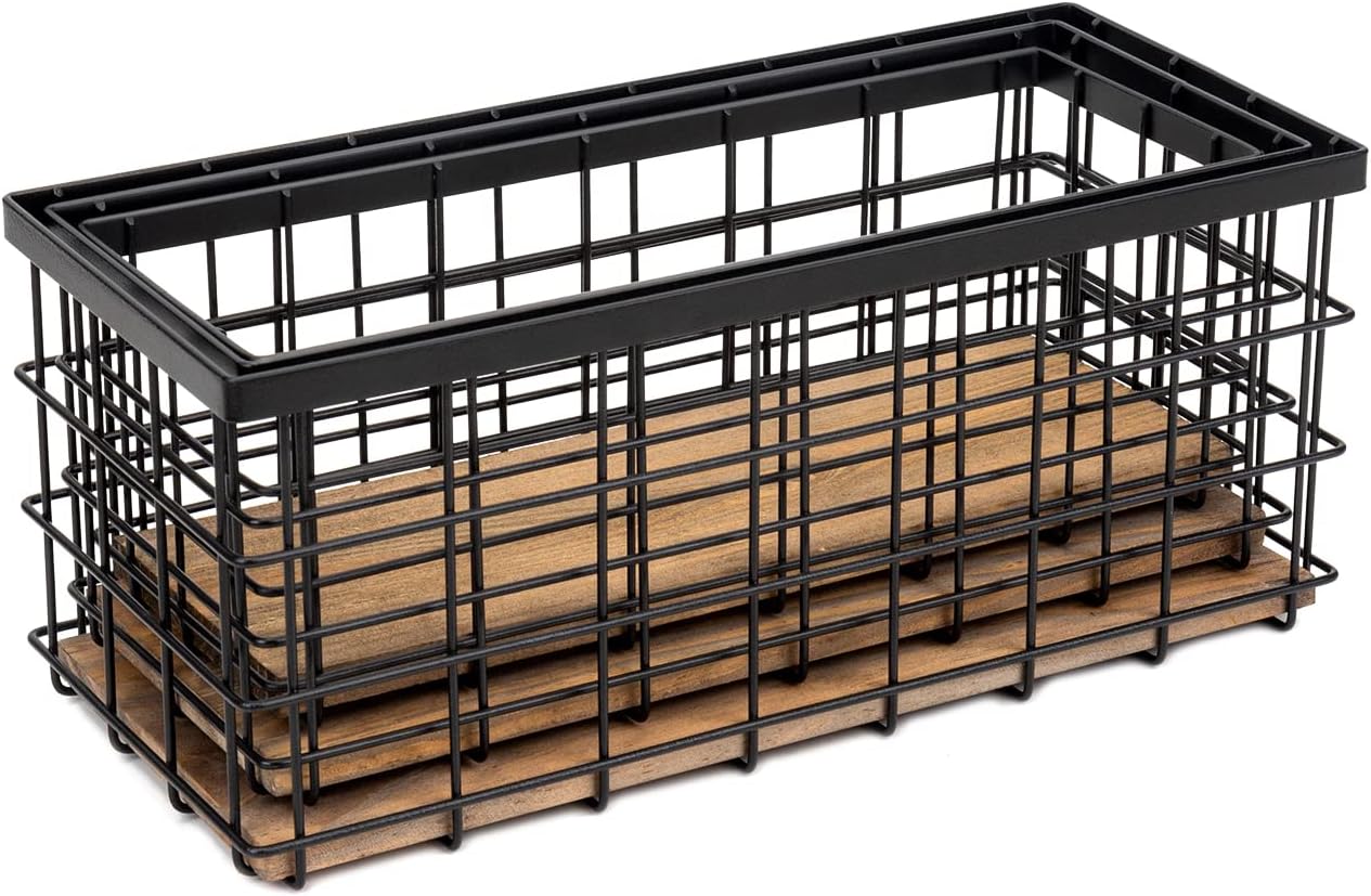 3 Pack Black Wood Base Wire Storage Baskets