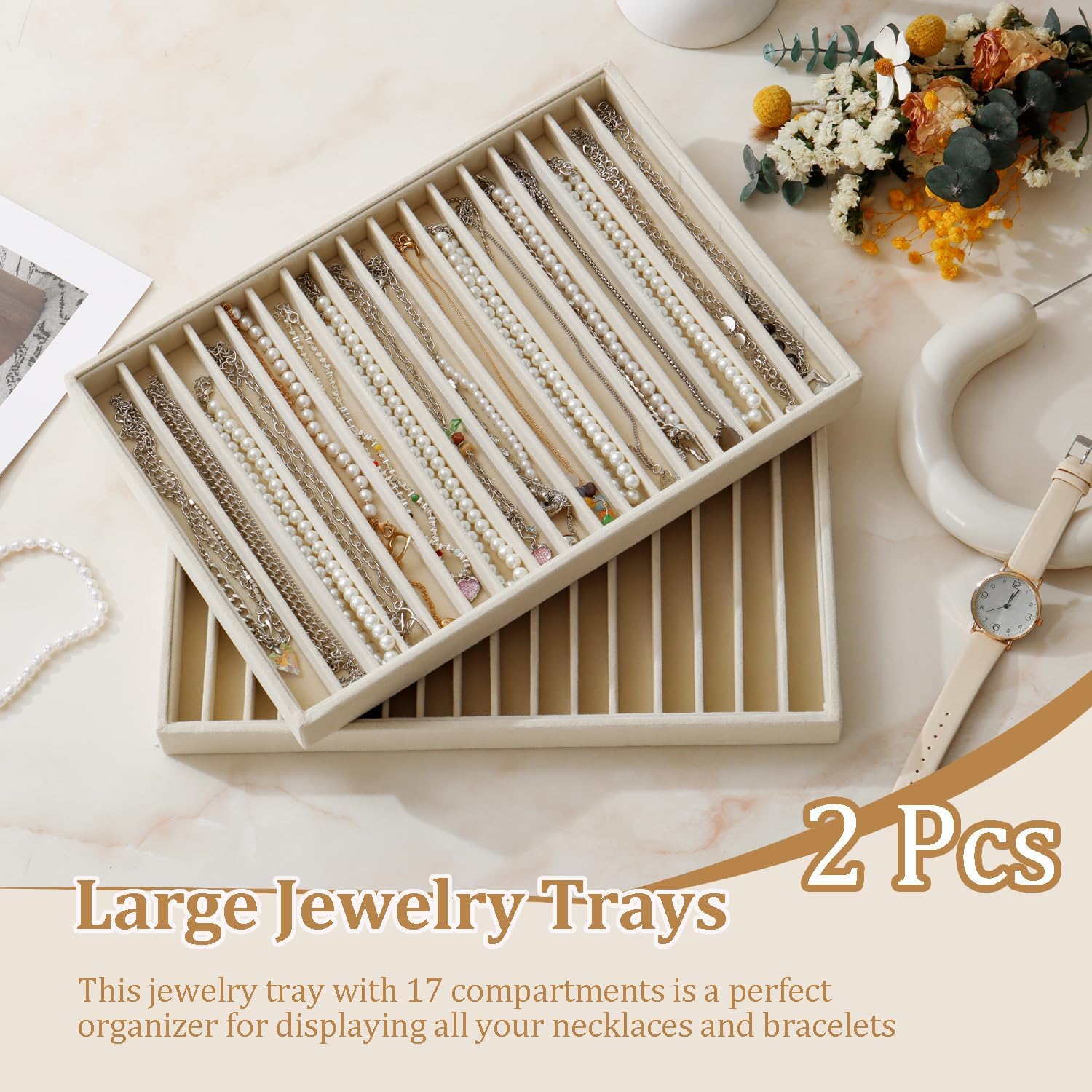 2 Pack 16-Grid Beige Velvet Jewelry Trays