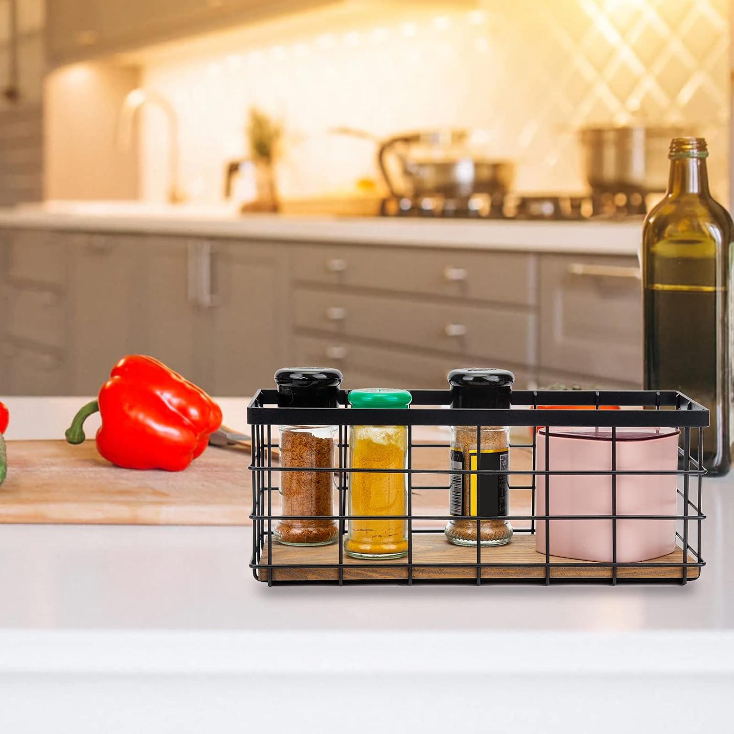 3 Pack Black Wood Base Wire Storage Baskets