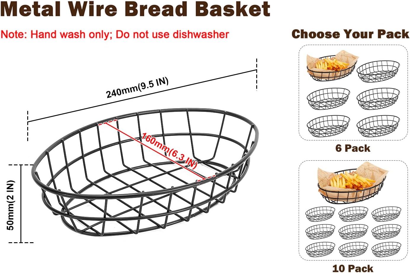 6 Pack Oval Metal Wire Serving Baskets
