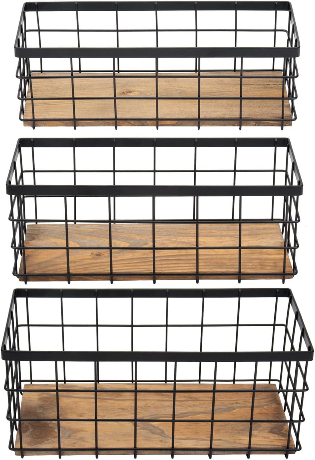 3 Pack Black Wood Base Wire Storage Baskets