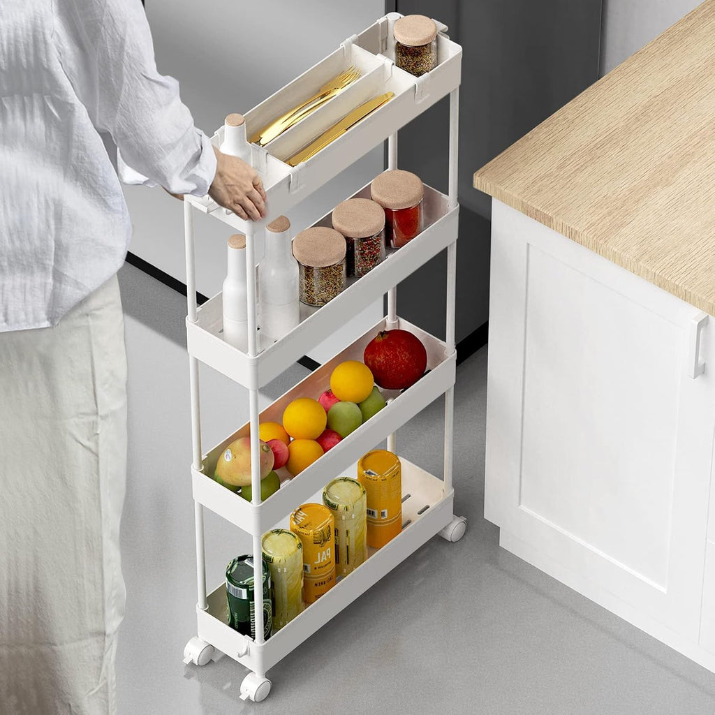 4 Tier Slim White Rolling Storage Cart