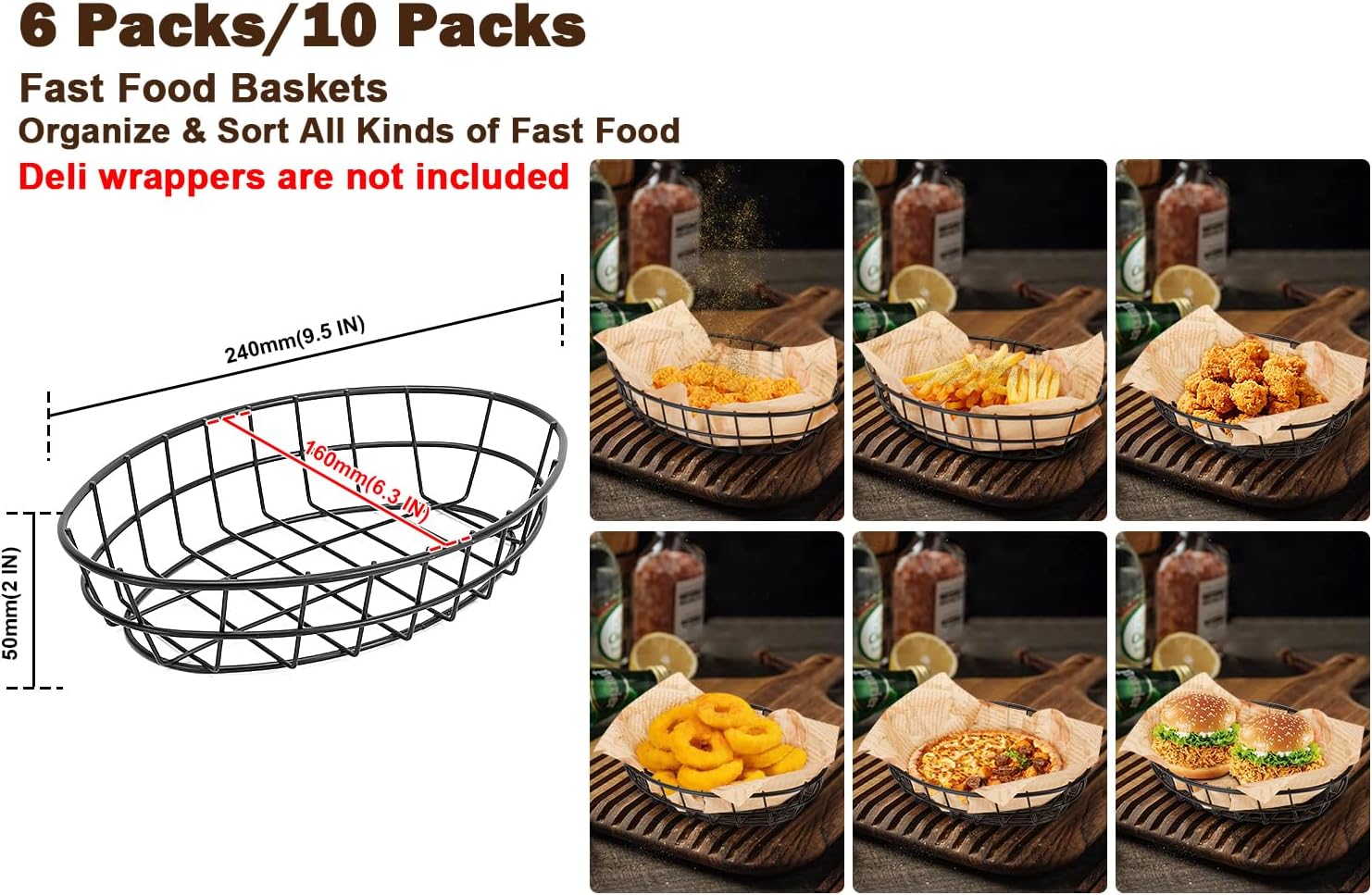 6 Pack Oval Metal Wire Serving Baskets