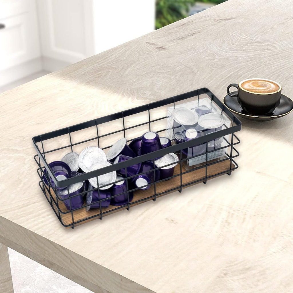 3 Pack Black Wood Base Wire Storage Baskets