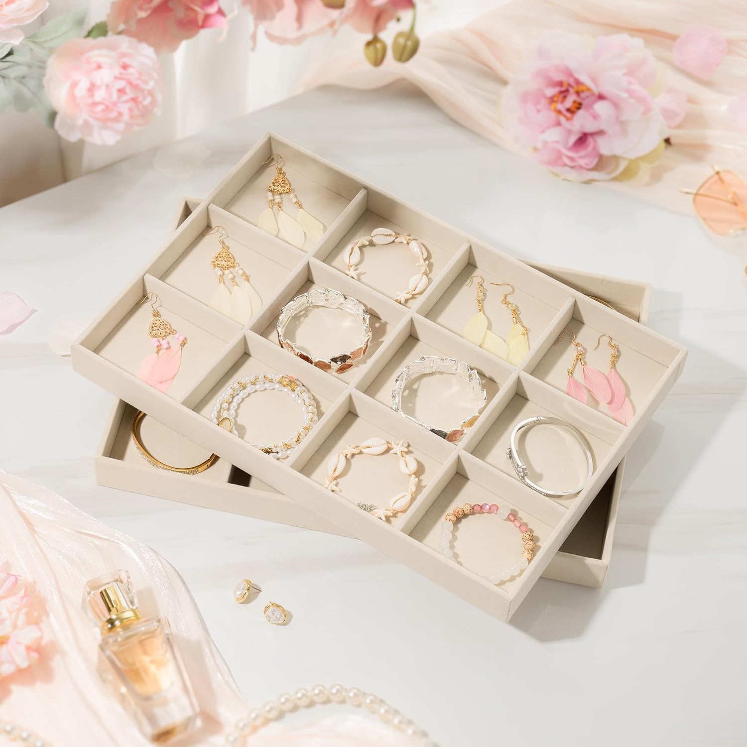 2Pcs 12 Grid Velvet Jewelry Trays