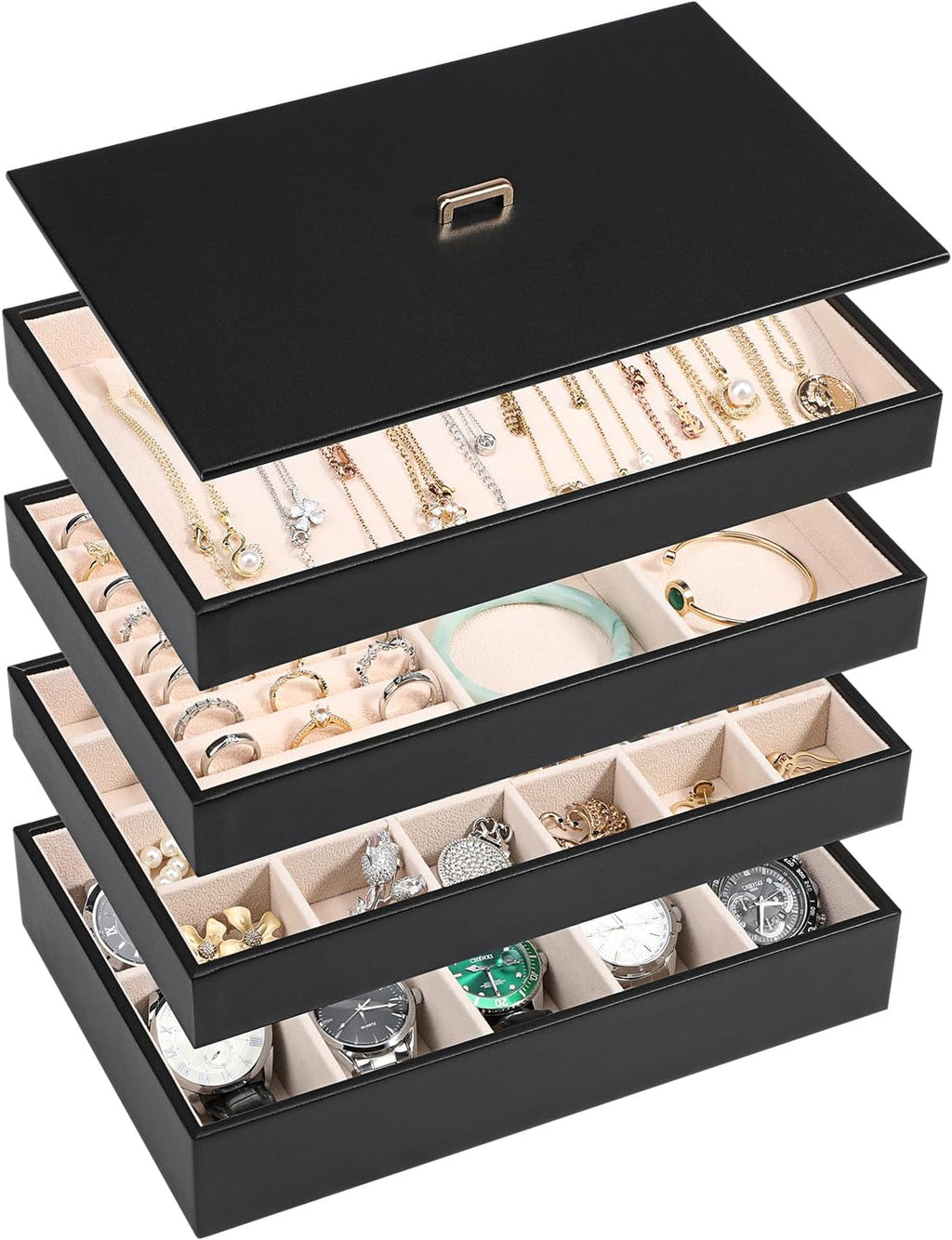 4 Pack Black PU Leather Jewelry Trays With Lid