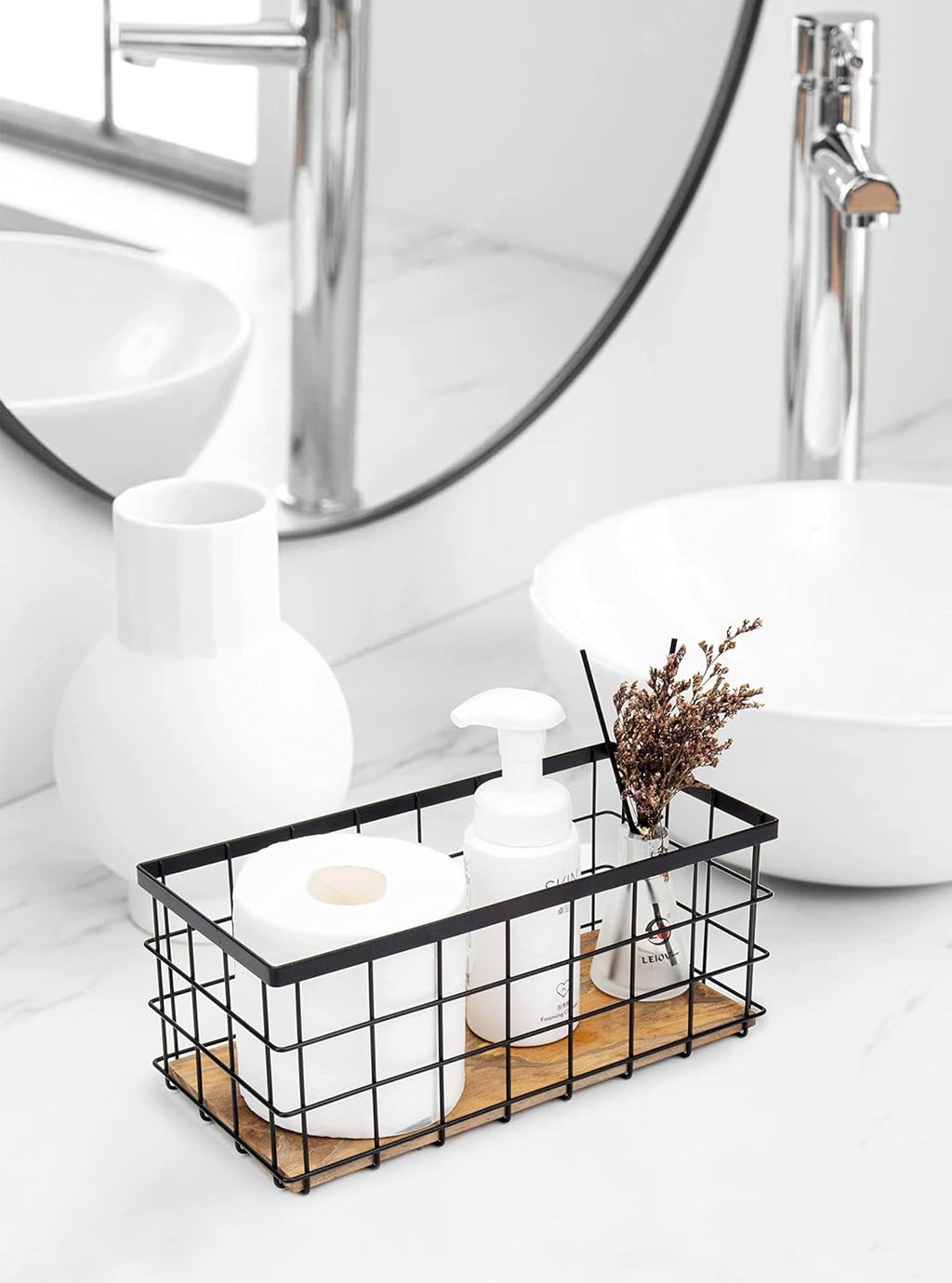 3 Pack Black Wood Base Wire Storage Baskets