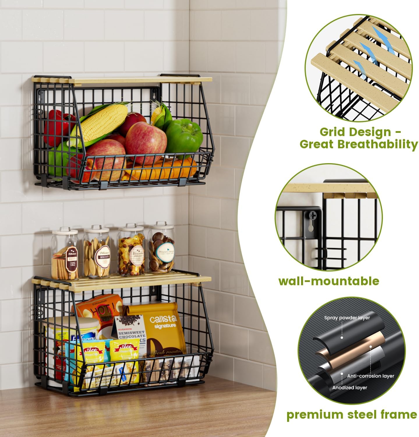 3 Pack Wire Fruit Storage Baskets