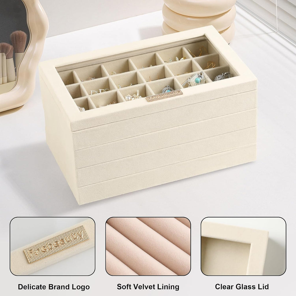 Beige 5-in-1 Velvet Jewelry Tray With Glass Lid