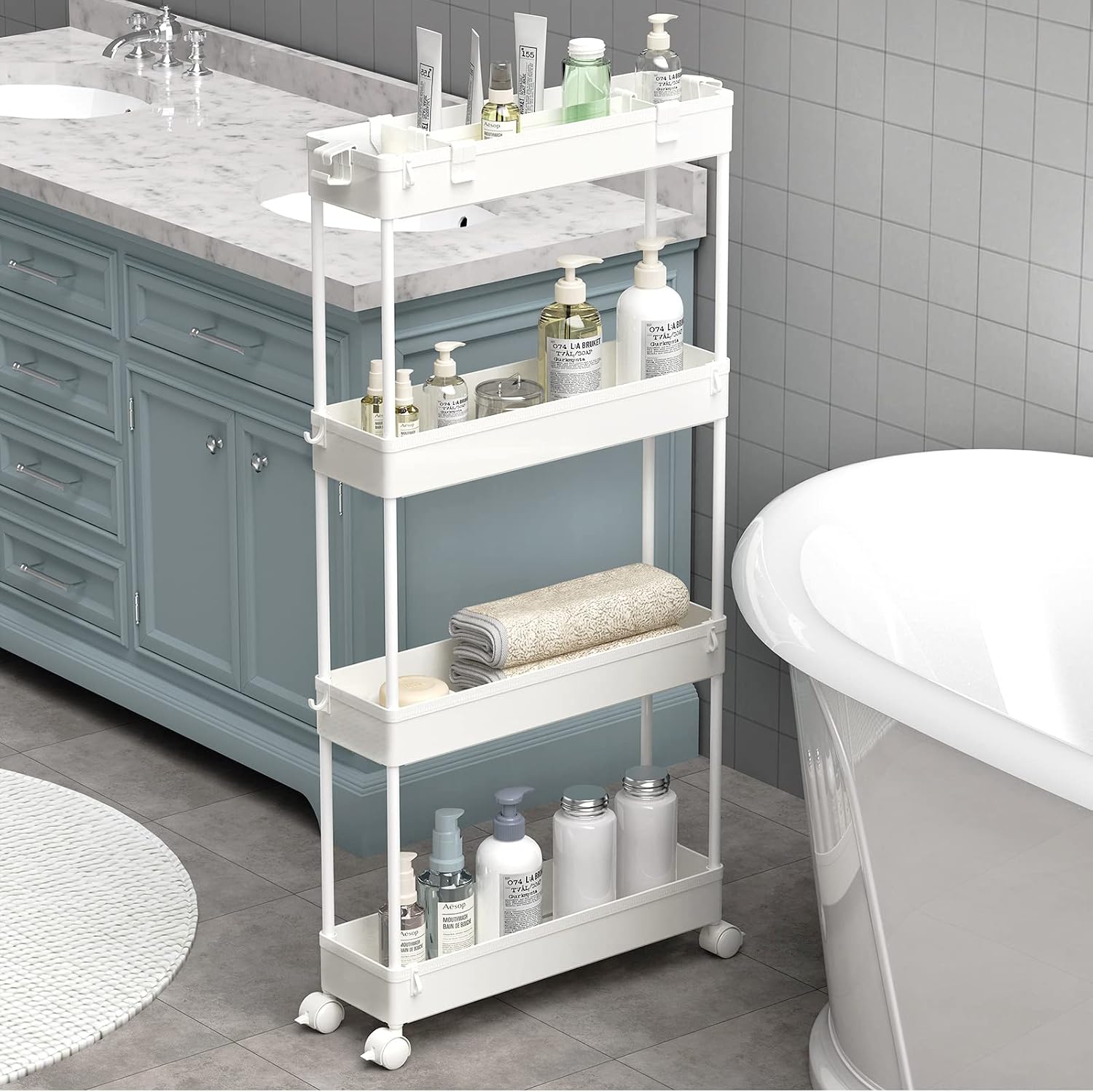 4 Tier Slim White Rolling Storage Cart