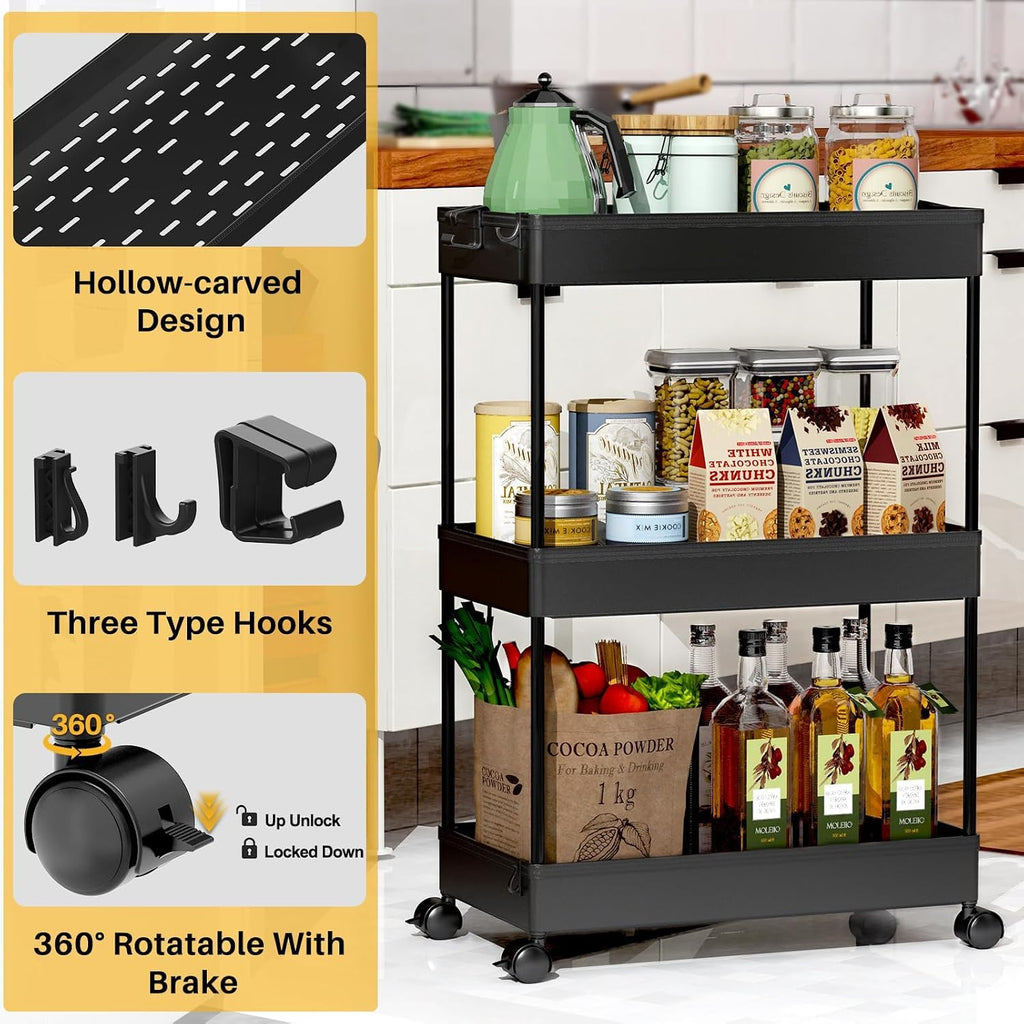 3 Tier Black Rolling Storage Cart