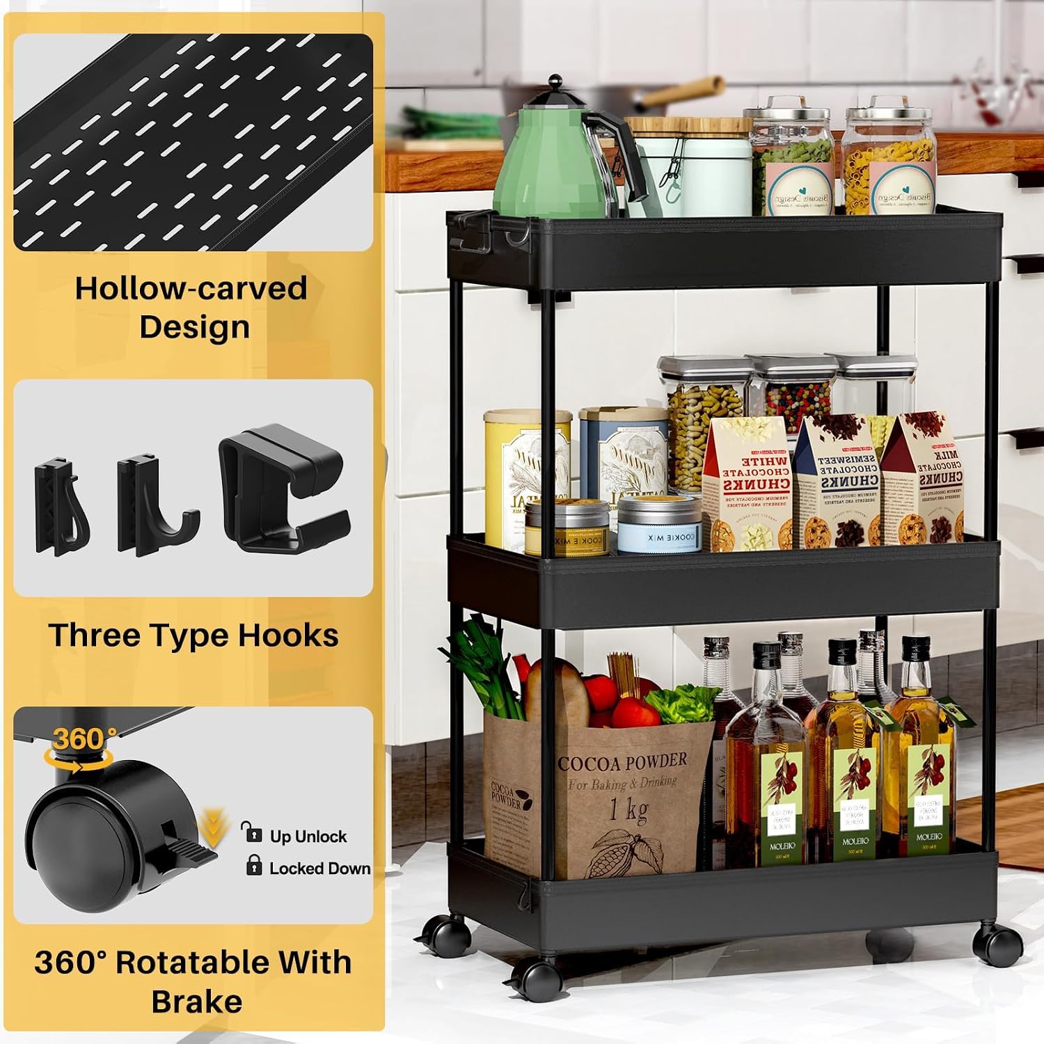 3 Tier Black Rolling Storage Cart