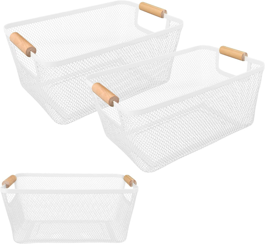 2 Pack White Mesh Baskets With Bamboo Handle