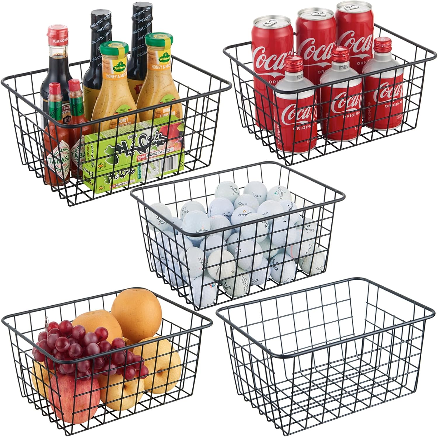 5 Pack Black Stackable Wire Storage Baskets