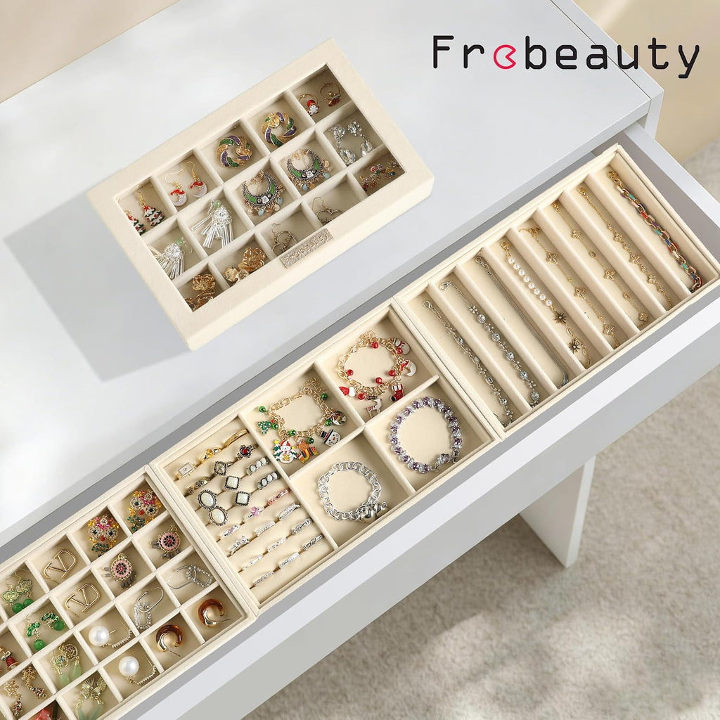 Beige 5-in-1 Velvet Jewelry Tray With Glass Lid