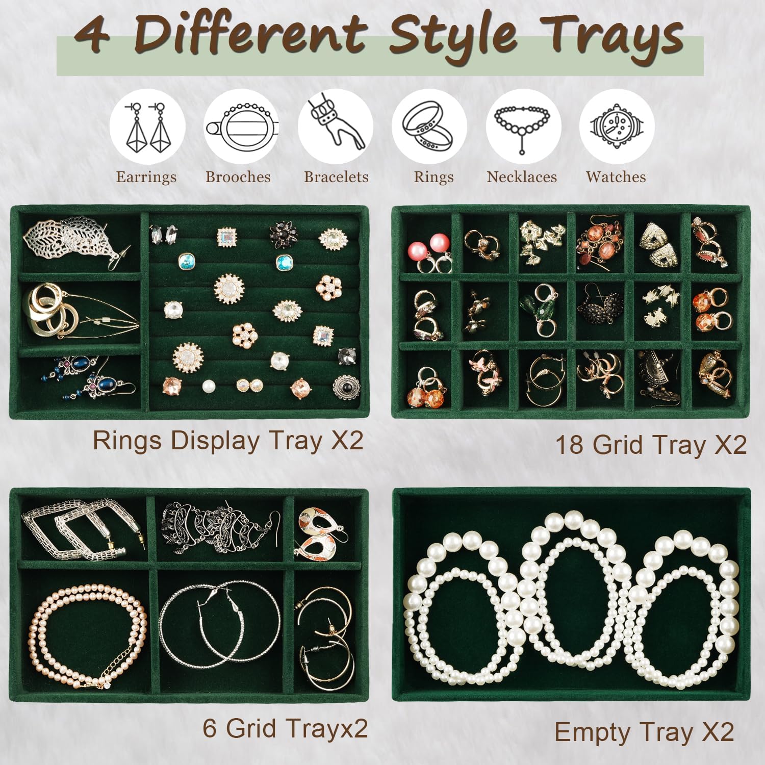 8 Pack Green Velvet Jewelry Trays