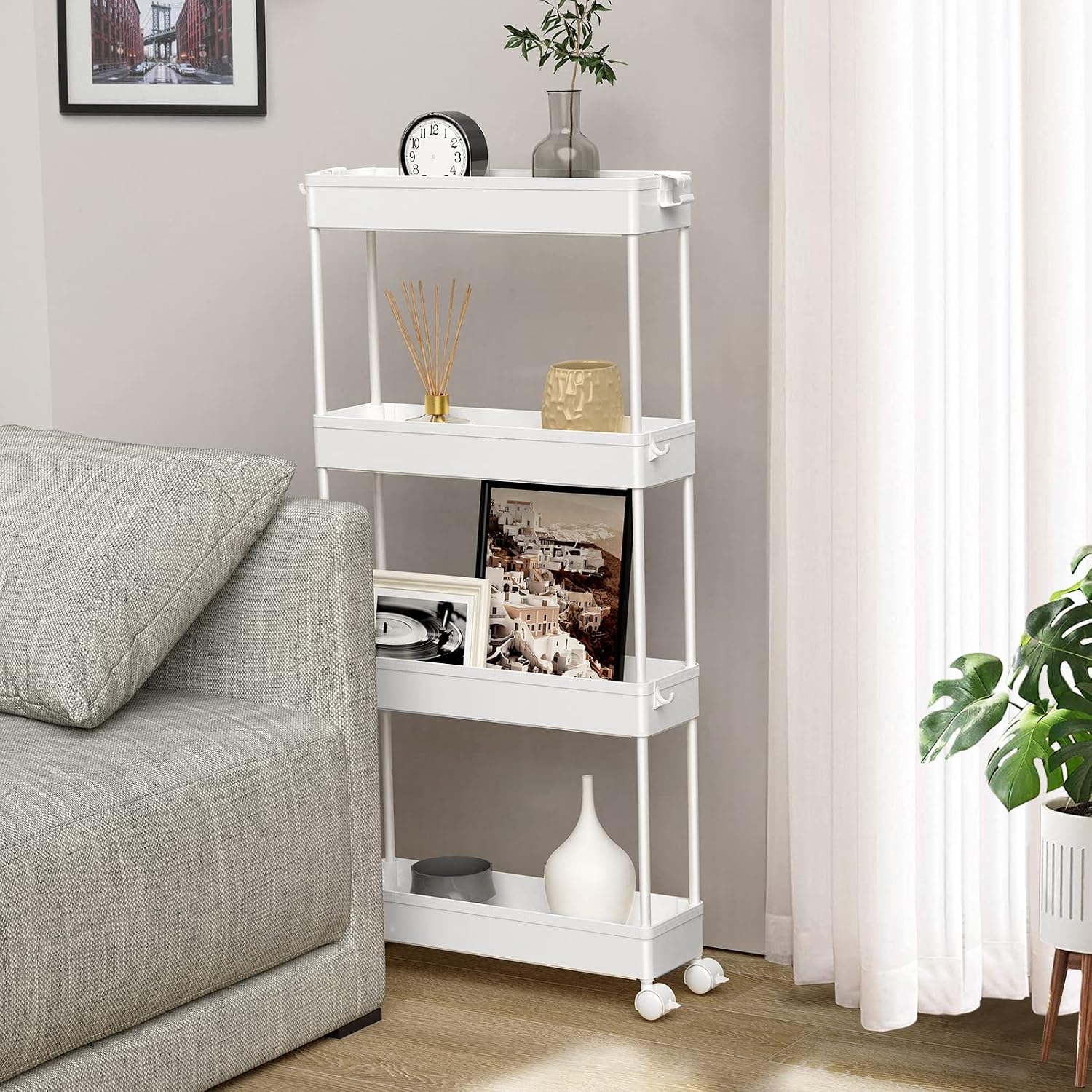 4 Tier Slim White Rolling Storage Cart