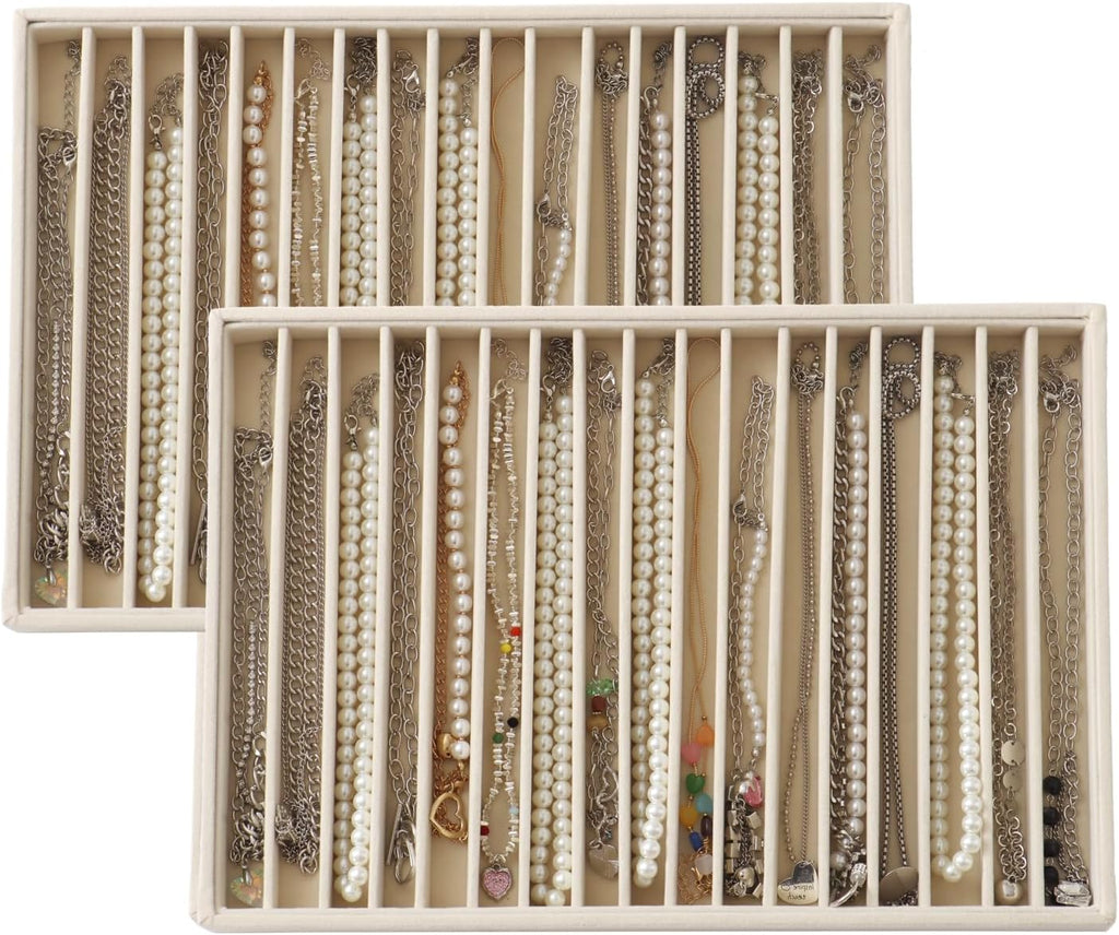 2 Pack 16-Grid Beige Velvet Jewelry Trays