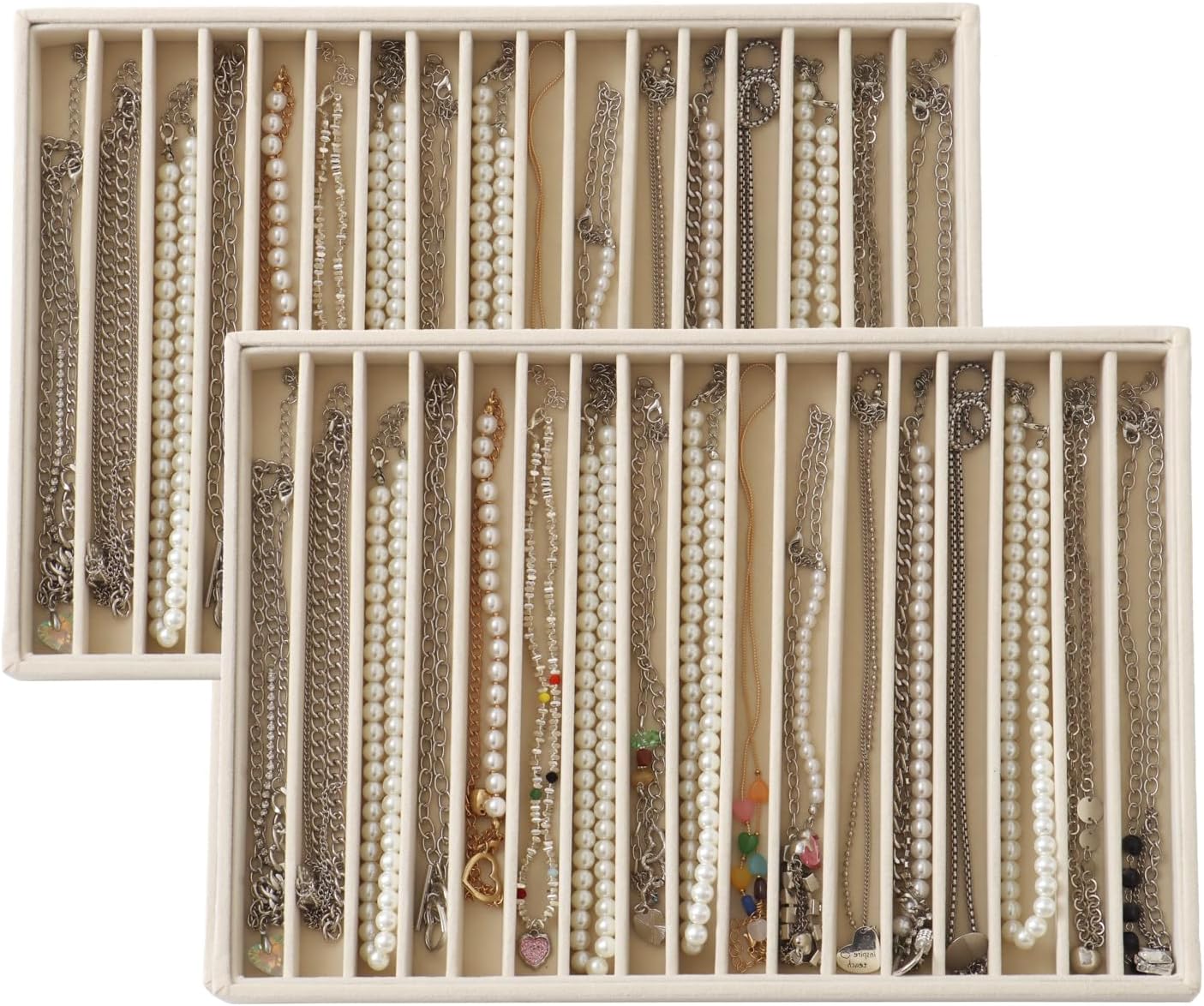 2 Pack 16-Grid Beige Velvet Jewelry Trays