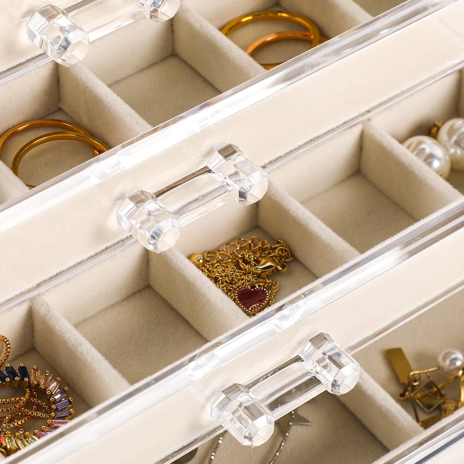 Clear Acrylic 5-Drawer Beige Jewelry Box