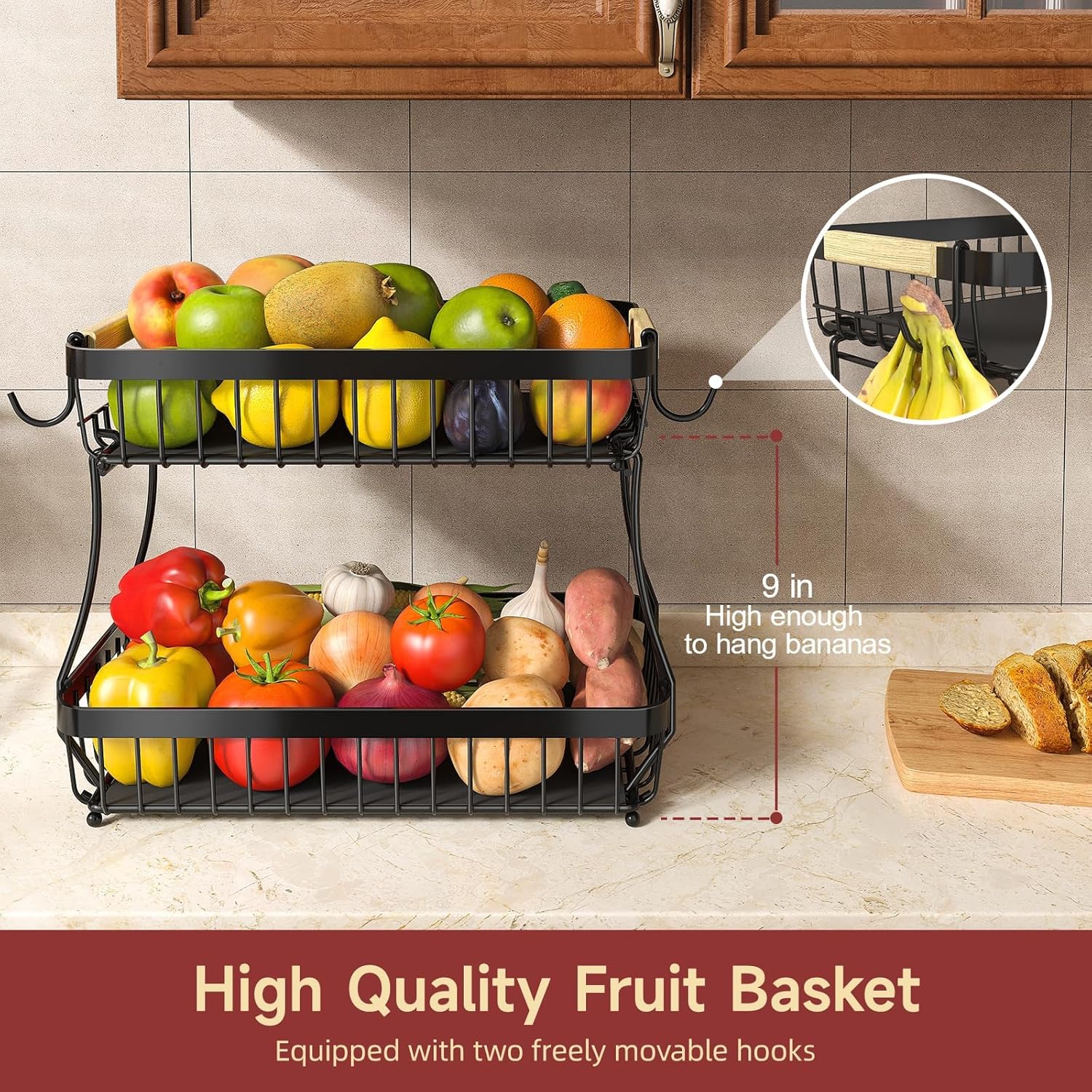 2 Tier Metal Fruit Basket With Banana Hangers
