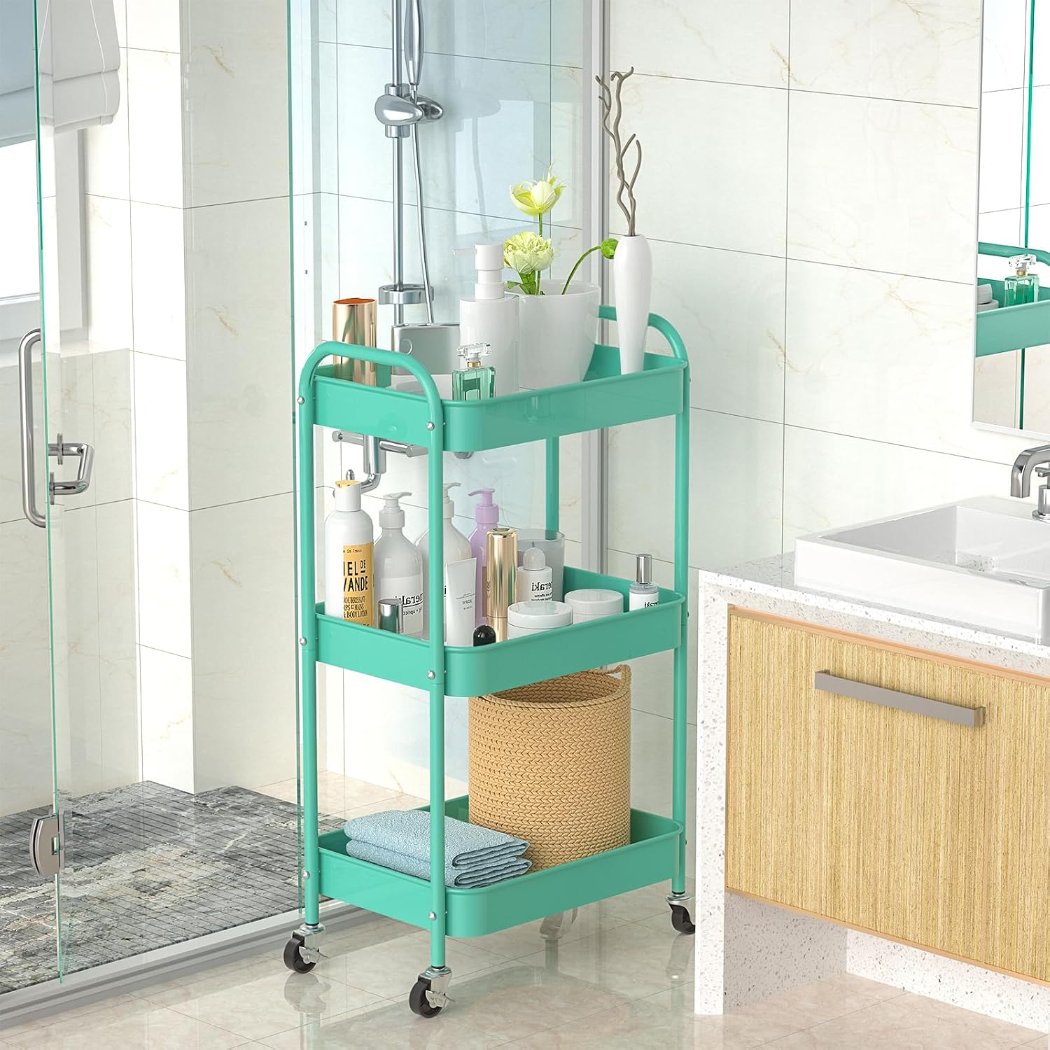 3-Tier Blue Rolling Storage Cart