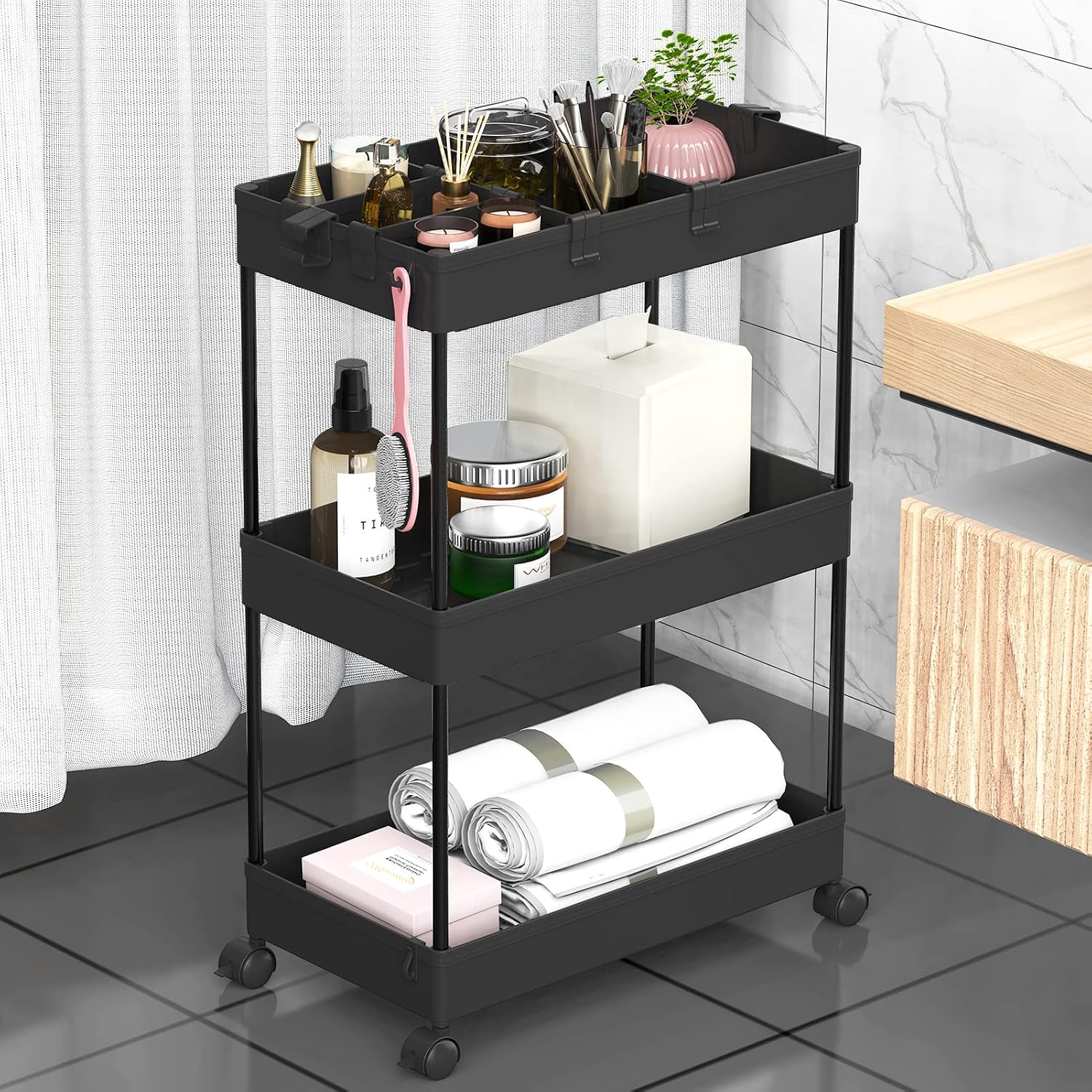 3 Tier Black Rolling Storage Cart
